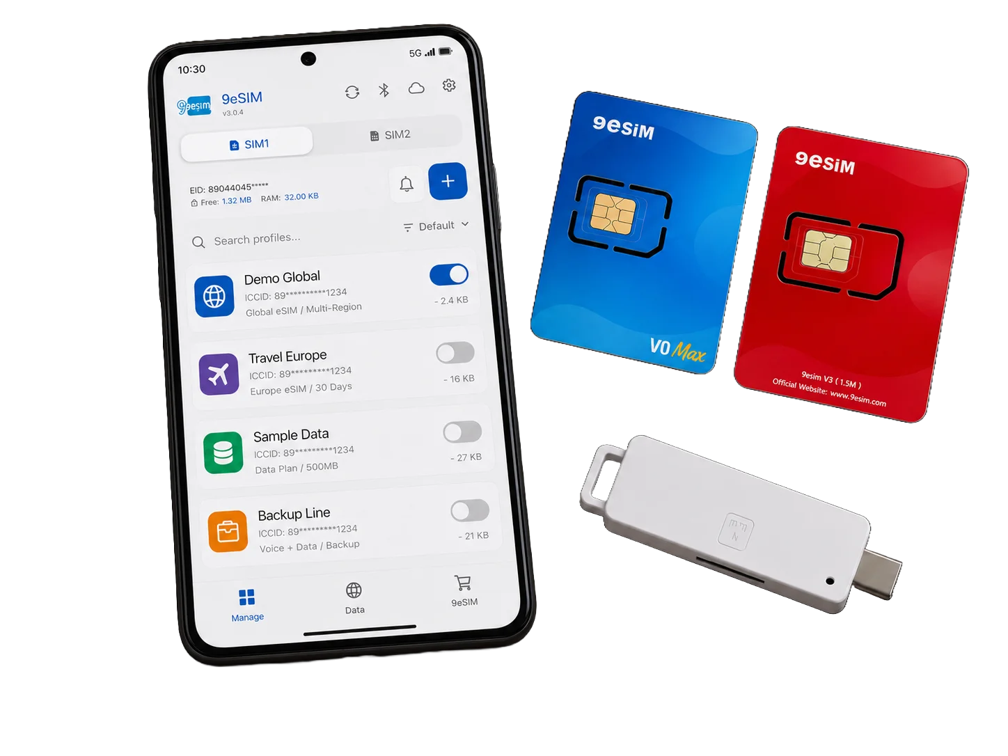 9eSIM app on Android with the V0 Max cards and USB-C reader
